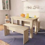 Tavolo da Pranzo e Panche 3 pz in Legno truciolato Rovere