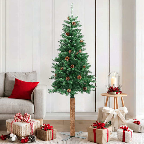 Albero di Natale Sottile con Legno Vero e Pigne Verde 180cm PVC