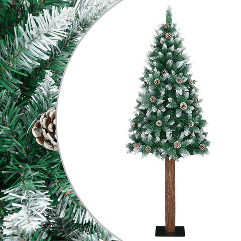 Albero di Natale Sottile con Legno Vero e Neve Verde 150 cm