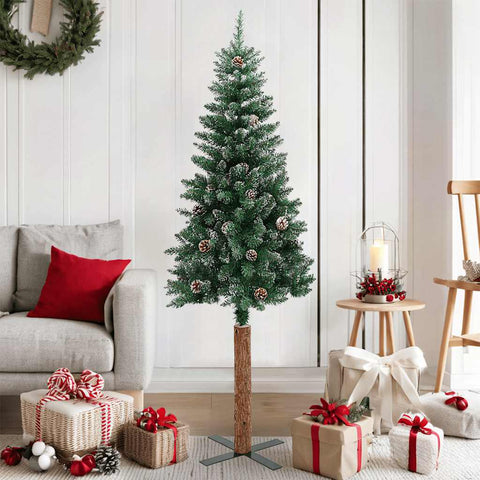Albero di Natale Sottile con Legno Vero e Neve Verde 150 cm
