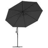Ombrellone a Sbalzo con Palo e Luci a LED Nero 350 cm