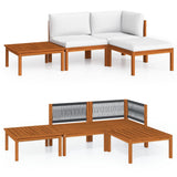 Set da giardino 4 pezzi con cuscini in legno crema, acacia e corda