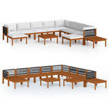 Set da giardino 12 pezzi con cuscini in legno crema, acacia e corda