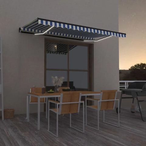 Tenda da Sole Retrattile Manuale con LED 400x350 cm Blu Bianco