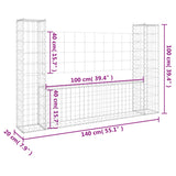 Cesto Gabbione a U con 2 Pali in Ferro 140x20x100 cm