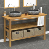 Mobile Vanità Bagno e Lavandini Marmo Nero Legno Massello Teak