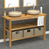 Mobile Vanità Bagno e Lavandini Marmo Crema Legno Massello Teak