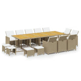 Set da Pranzo da Giardino 15 pz con Cuscini in Polyrattan Beige