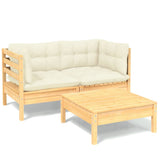Set Salotto da Giardino 3 pz con Cuscini Crema Legno di Pino