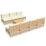 Set Salotto da Giardino 8 pz con Cuscini Crema in Legno di Pino