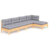 Set Divani da Giardino 5 pz con Cuscini Grigi Massello di Pino