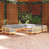 Set Divani da Giardino 13 pz con Cuscini Grigi Massello di Pino