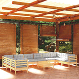 Set Divani da Giardino 11 pz con Cuscini Grigi Massello di Pino