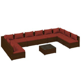 Set Divani da Giardino 11 pz con Cuscini in Polyrattan Marrone