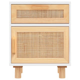 Comodini 2 pz Bianchi Legno Massello di Pino e Rattan Naturale