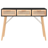 Tavolo Consolle Nero 105x30x75cm Massello Pino Rattan Naturale