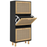 Scarpiera Nero 52x25x115cm Legno truciolato e Rattan Naturale