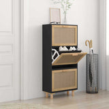 Scarpiera Nero 52x25x115cm Legno truciolato e Rattan Naturale