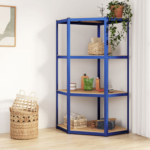 Mensola Angolare 4 Ripiani Blu in Acciaio e Legno truciolato