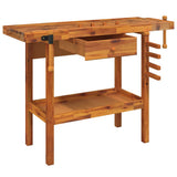 Banco da lavoro con cassetto e morse 124x52x83 cm in legno massello di acacia