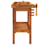 Banco da lavoro con cassetto e morse 124x52x83 cm in legno massello di acacia