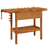 Banco da lavoro con cassetto e morse 124x52x83 cm in legno massello di acacia
