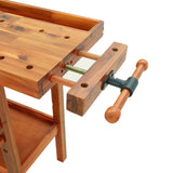 Banco da lavoro con cassetto e morse 124x52x83 cm in legno massello di acacia