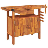 Banco da lavoro con cassetto e morse 124x52x83 cm in legno massello di acacia