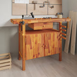 Banco da lavoro con cassetto e morse 124x52x83 cm in legno massello di acacia