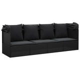 Lettino Prendisole Esterno con Tetto e Cuscini Nero Polyrattan