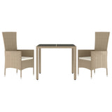 Set da Pranzo da Giardino 3 pz con Cuscini Beige in Polyrattan