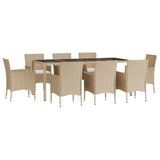 Set da Pranzo da Giardino 9 pz con Cuscini Beige in Polyrattan