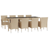 Set da Pranzo da Giardino 9 pz con Cuscini Beige in Polyrattan