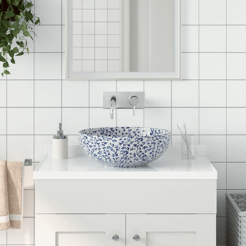 Lavabo da Appoggio Bianco e Blu Rotondo 41x14 cm Ceramica