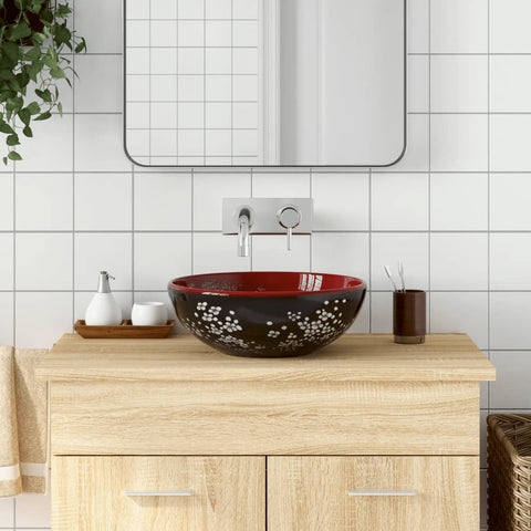 Lavabo da Appoggio Nero e Rosso Rotondo 41x14 cm Ceramica