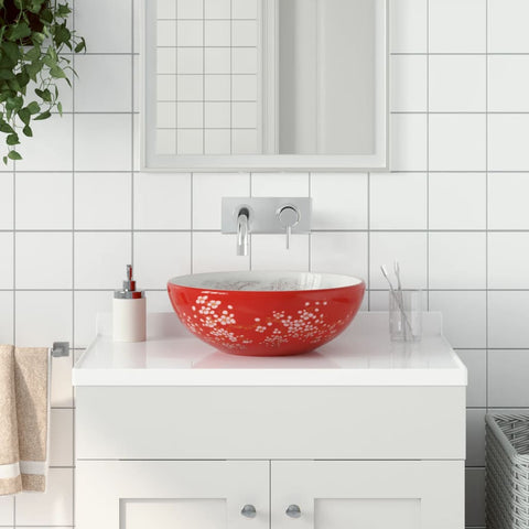 Lavabo da Appoggio Bianco e Rosso Rotondo 41x14 cm Ceramica