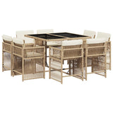 Set da Pranzo da Giardino 9 pz con Cuscini Beige in Polyrattan