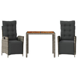 Set da Pranzo da Giardino 3 pz con Cuscini in Polyrattan Grigio