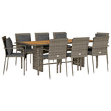 Set da Pranzo da Giardino 9 pz con Cuscini in Polyrattan Grigio