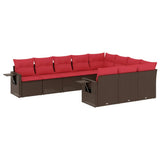 Set Divani da Giardino 10 pz con Cuscini Marrone in Polyrattan