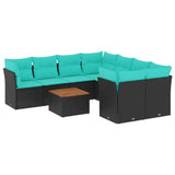 Set Divani da Giardino 9 pz con Cuscini Nero in Polyrattan