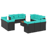 Set Divani da Giardino 13pz con Cuscini Nero in Polyrattan