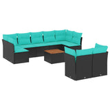 Set Divani da Giardino 10 pz con Cuscini Nero in Polyrattan