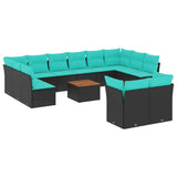 Set Divani da Giardino 13pz con Cuscini Nero in Polyrattan