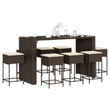 Set Bar da Giardino 9 pz con Cuscini in Polyrattan Marrone
