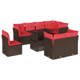 Set Divani da Giardino 9 pz con Cuscini Marrone in Polyrattan