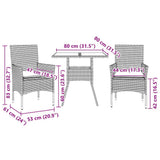 Set da Pranzo da Giardino 3pz con Cuscini Polyrattan e Vetro