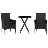 Set da Bistrò 3 pz con Cuscini Nero Polyrattan e Vetro