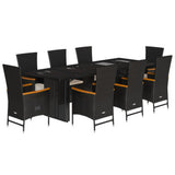 Set da Pranzo da Giardino 9 pz con Cuscini Nero in Polyrattan