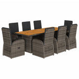 Set da Pranzo da Giardino 9 pz con Cuscini in Polyrattan Grigio